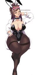 big_breasts bottom_heavy bunny_ears bunny_girl bunnysuit cleavage dreyfos ema_skye female female_only glasses_on_head gyakuten_saiban hand_on_hip labcoat leggings peace_sign thick_thighs third-party_edit watermark wide_hips