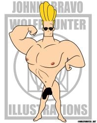 cartoony censored_penis erection johnny_bravo johnny_bravo_(series) male male_nipples male_only male_pubic_hair masculine mature_male muscles muscular_male pecs smile smiling smooth_skinned_male solo veiny_penis white_background wolffhunter_art