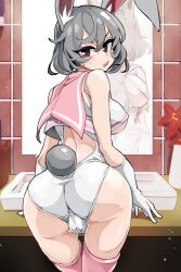 annoyed anus_outline ass bathroom bongfillstudent bunny_ears bunny_girl bunny_industry_(bongfillstudent) bunny_tail cameltoe fat_mons from_behind gloves grey_fur grey_hair highleg highleg_leotard large_ass large_breasts leotard looking_at_viewer looking_back medium_hair mirror navel_outline pink_clothing red_eyes sailor_uniform serafuku sink skin_tight thighhighs tie tight_clothing trefoil underboob yomyom_(bongfillstudent)