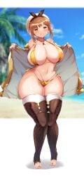 1girls absurdres atelier_(series) atelier_ryza beach bikini breasts brown_hair busty_teen earrings female hat highres huge_breasts huge_hips huge_thighs jewelry kneeling large_breasts navel necklace reisalin_stout removing_jacket ribbon short_hair solo swimsuit teenager teruwo_sun thick_thighs thighhighs thighs thin_waist wide_hips