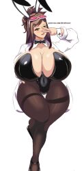 breast_expansion bunny_ears bunny_girl bunnysuit cleavage dreyfos ema_skye female female_only gigantic_breasts glasses_on_head gyakuten_saiban hand_on_hip huge_breasts labcoat leggings peace_sign thick_thighs third-party_edit watermark wide_hips