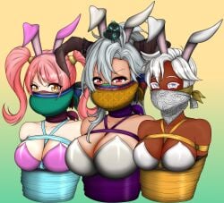 3girls angry arms_behind_back bare_shoulders bondage breasts brown_eyes bunny_ears bunny_girl bunnysuit character_request cleavage collarbone copyright_request crossover dark-skinned_female dark_skin female female_only femsub fire_emblem fire_emblem_echoes:_shadows_of_valentia gag green_corvus grey_eyes grey_hair large_breasts lineup long_hair mae_(fire_emblem) medium_breasts medium_hair multiple_girls multiple_subs nintendo pink_eyes pink_hair ponytail rope rope_bondage short_hair shoulders twintails white_eyes white_hair