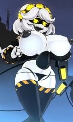 1girls big_breasts breasts cropped female female_only mob_face murder_drones robot robot_girl showing_off squareofthelightones tagme thighhighs thong v_(murder_drones) white_hair