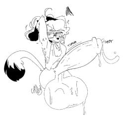 1futa 2023 anthro armpit_hair armpits arms_up balls bottomless breasts canine clothed clothing erection furry futa_only futanari hyper hyper_balls hyper_penis monochrome partially_clothed penis precum sketch skullfvckerz solo standing tail