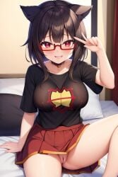 1girls aged_up ai_generated animal_ears bad_anatomy bad_hands breasts brown_hair cat_ears catgirl choker collar female female_only glasses kono_subarashii_sekai_ni_shukufuku_wo! light-skinned_female light_skin medium_breasts megumin no_panties pleated_skirt pussy red_eyes red_skirt short_hair skirt smug_smile stable_diffusion t-shirt v_sign