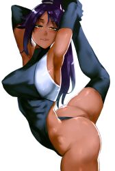 absurdres armpits ass bangs black_gloves black_leotard black_thighhighs bleach breasts closed_mouth dark-skinned_female dark_skin elbow_gloves female flexible gloves highleg highleg_leotard highres imes large_breasts leg_up leotard long_hair looking_at_viewer parted_bangs ponytail purple_hair shihouin_yoruichi sleeveless_turtleneck_leotard smug solo split standing standing_on_one_leg standing_split stretching thighhighs white_background yellow_eyes