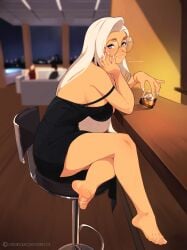 1girls :) bar_stool bare_legs barefoot big_breasts black_dress blue_eyes blush bracelet chest cocktail_dress crossed_legs dress english_text feet female foot_fetish full_body glasses half-closed_eyes head_on_hand indoors inside june_(squeezable) legs lips long_hair looking_at_viewer mole mole_on_breast night off_shoulder original pinup presenting_feet round_glasses seductive showing_feet sideboob sitting smile squeezable tanned text very_long_hair whiskey_glass white_hair