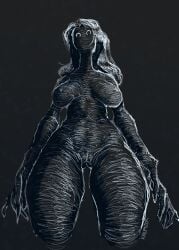 absurd_res alternate alternate_(mandela_catalogue) alternate_(species) analog_horror big_breasts black_body breasts butt_from_the_front female female_only genitals grey_background grey_body hair hi_res horror horror_(theme) huge_breasts humanoid krupnik long_fingers long_hair looking_at_viewer low-angle_view mandela_catalogue monster monstrous_humanoid mouthless night nightmare_waifu nipple_outline nude pussy scary scary_face shadow_creature shadow_humanoid simple_background solo solo_female solo_focus spooky suspnik thick_thighs wide_hips worm's-eye_view