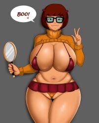 1girls alternate_body_type alternate_breast_size between_labia big_breasts bikini bikini_bottom bikini_top breasts brown_hair camel_toe eyelashes female female_only freckles glasses hanna-barbera innie_pussy light-skinned_female light_skin looking_at_viewer magnifying_glass miniskirt nerd nerdy_female orange_panties orange_thong panties peace_sign pinup scooby-doo scooby-doo!_mystery_incorporated skirt slightly_chubby small_skirt smile smiling smiling_at_viewer solo solo_female sweater turtleneck turtleneck_sweater velma_dinkley vn_simp warner_brothers wide_hips