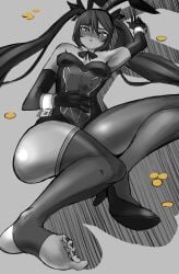 1girls big_ass big_thighs bunny_girl bunnysuit ceroccb feet female genshin_impact gold_(metal) gold_coin green_eyes hoyoverse implied_prostitution mona_(genshin_impact) monochrome mora_(genshin_impact) one_shoe_on pinup pinup_pose small_breasts soles solo solo_female stockings thighhighs toes wide_hips