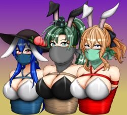 3girls arms_behind_back bare_shoulders blonde_hair blue_eyes blue_hair bondage breasts bunny_ears bunny_girl bunnysuit cleavage collarbone crossover female female_only femsub fire_emblem fire_emblem:_the_blazing_blade gag genshin_impact green_corvus green_eyes green_hair hat heart-shaped_pupils jean_gunnhildr large_breasts lineup long_hair looking_at_viewer lyn_(fire_emblem) medium_hair multiple_girls multiple_subs nintendo ponytail red_eyes rope rope_bondage shoulders tenshi_hinanawi touhou touhou_lost_word