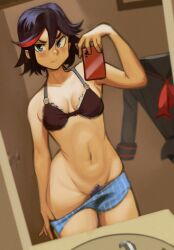 1girls awkward bangs bathroom black_hair bloop blue_eyes blush boxers boxers_(clothing) bra bra_strap embarrassed female female_only kill_la_kill looking_away male_underwear matoi_ryuuko mirror mirror_selfie navel nervous nude nude_female partially_clothed phone pubic_hair pubic_hair_peek pulled_by_self pulling_down_pants removing_clothing selfie senketsu short_hair sink slim_waist solo streaked_hair stripping tomboy tsundere underwear undressing