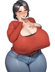 1girls ai_generated big_breasts black_hair blush blush_lines blushing_at_viewer breasts breasts_bigger_than_head cleavage curvy huge_breasts jeans kisuu lipstick looking_at_viewer massive_breasts mature mature_female mature_woman milf mole original original_character plump pov pov_eye_contact ring short_hair sweater white_background wife