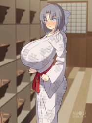 big_breasts blue_eyes blush breasts hair_ribbon huge_breasts nanashi_maru senran_kagura silver_hair yumi_(senran_kagura)