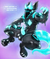 anthro black_body blue_penis claws genitals hi_res hypnosis kashiate latex machine male mind_control paws penis protogen raakkuja robot solo tapering_penis