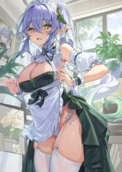 1girls aged_up breasts catsmoon cleavage curvaceous curvy elf genshin_impact green_eyes horny large_breasts maid nahida_(genshin_impact) panties panty_pull thighhighs white_hair