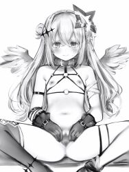 absurdres amane_kanata angel_wings arm_strap armpit_crease censored collar female flat_chest gloves greyscale halo highres holoforce hololive hololive_japan monochrome mosaic_censoring nanashi_(nlo) navel nipples o-ring one_side_up pussy single_thighhigh sitting skindentation smile solo spread_legs spread_pussy star_halo thigh_strap thighhighs virtual_youtuber wings