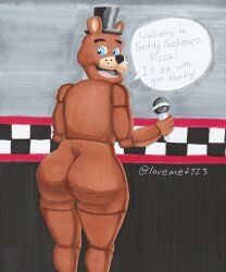 bear big_ass big_butt blue_eyes brown_fur five_nights_at_freddy's freddy_(fnaf) lovemet123_(lovemet_room) male_focus male_only microphone small_tail smile solo_focus top_hat