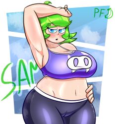 armpits big_breasts blue_eyes breasts chubby chubby_female green_hair krozznsfw original_character platano_frito plump sports_bra sweat sweating thick_thighs