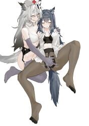 2girls :d absurdres animal_ears arknights ass black_bra black_hair black_pantyhose blush bra breasts cleavage closed_eyes detached_collar elbow_gloves eyes_closed female fingering garter_belt garter_straps gloves grey_eyes grey_gloves grey_hair grey_thighhighs hat highres lappland_(arknights) long_hair multiple_girls navel nurse nurse_cap open_mouth pantyhose renxzd scar simple_background smile spread_legs sweat tail teeth texas_(arknights) thighhighs torn_pantyhose underwear white_background white_bra wolf_ears wolf_tail yuri