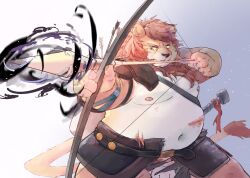 2023 anthro arrow_(weapon) balls belly big_belly bow_(weapon) felid genitals hi_res kemono lion magic male mammal moobs navel nipples overweight overweight_male pantherine penis ranged_weapon scar solo weapon yimingsama