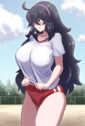 1girls bloomers blush breasts buruma embarrassed gym_uniform hex_maniac kiteman442 large_breasts long_hair minishorts nintendo pokemon purple_hair shorts sports_uniform