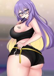 1girls 2023 ass big_ass big_breasts black_shorts black_tank_top blurry_background breasts dat_ass female glasses hololive hololive_indonesia hololive_indonesia_area_15 light-skinned_female light_skin long_hair measurements measuring measuring_ass moona_hoshinova perfect_body purple_eyes purple_hair shorts sideboob solo standing tank_top the_only_shoe thick_thighs thighs virtual_youtuber