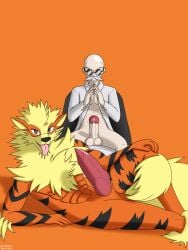 animal_genitalia animal_penis anthro anthrofied arcanine balls blaine_(pokemon) bodily_fluids canid canine canine_genitalia canine_penis canis clothed clothing digital_media_(artwork) domestic_dog duo dustin_c erection fur generation_1_pokemon genital_fluids genitals gym_leader hair hi_res human humanoid_genitalia humanoid_penis katsura_(pokemon) labcoat looking_at_viewer male male/male mammal mustache nintendo nipples nude open_mouth penis pokemon pokemon_(species) simple_background smile tongue topwear windie