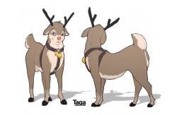 animal_genitalia antlers anus balls blue_eyes brown_body brown_fur capreoline deer feral fur gay genitals harness horn male mammal red_nose reindeer sheath solo taga