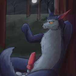animal_genitalia animal_penis anthro canine_genitalia canine_penis full_moon genitals gesture league_of_legends male moon penis plant pointing pointing_at_penis riot_games solo teeth tree warwick wolf