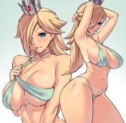 1girls 2023 armpits arms_behind_head arms_up belly big_breasts bikini bikini_bottom bikini_top bimbo blonde_hair blue_eyes blush cleavage crown dracksart earrings female hair_over_one_eye looking_at_viewer mario_(series) navel nintendo pose posing princess_rosalina sensual solo thick_thighs thighs thong_bikini