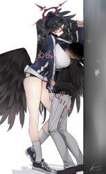 1boy 1girls 2022 against_wall artist_name belt black_feathers black_hair black_wings blue_archive blush breasts brown_hair clothed clothing eyebrows_visible_through_hair faceless_male feathered_wings feathers female femdom full_body gym_shorts gym_uniform halo hand_on_crotch handjob handjob_over_clothes hasumi_(blue_archive) hasumi_(gym_uniform)_(blue_archive) heart heavy_breathing height_difference highres huge_breasts jacket japanese_text justice_task_force_(blue_archive) kabedon light-skinned_female light-skinned_male light_skin long_hair long_legs long_ponytail looking_at_another looking_down looking_up male open_mouth pants ponytail raised_leg red_eyes rib:y(uhki) sensei_(blue_archive) shaded_face shirt shoes short_shorts shorts side_view signature simple_background smaller_male sneakers socks sound_effects standing steam sweat text thighs tight_clothing translated trinity_general_school_student twitter_username white_background wings you_gonna_get_raped