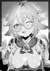 animal_ears blush breasts cum cum_on_body cum_on_breasts cum_on_eyewear facial female fur_collar genshin_impact glasses gloves greyscale hair_between_eyes highres long_hair medium_breasts monochrome multicolored_hair nipples one_eye_closed open_mouth round_eyewear semi-rimless_eyewear solo streaked_hair sucrose_(genshin_impact) sukoyaka93 upper_body wide_sleeves