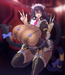 areolae big_breasts big_thighs breasts busty cat_ears cat_tail double_v female gigantic_breasts huge_breasts huge_thighs large_breasts last_origin lycra_(artist) massive_breasts poi_(last_origin) pubic_hair thick_thighs thighs