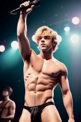 3d 3d_(artwork) abs actor ai_generated bulge caucasian caucasian_male celebrity concert gooeyvision jockstrap male male_only microphone muscles muscular muscular_male musician on_stage pecs real_person ross_lynch smooth_chest smooth_skin