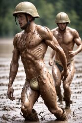 3d 3d_(artwork) abs ai_generated army biceps bulge bulging_biceps gooeyvision male male_only military muddy muscles muscular muscular_male outdoors outside pecs shirtless_male smooth_chest smooth_skin soldier thong underwear underwear_only