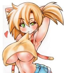 armpits arms_behind_head belt blonde_female blonde_hair breasts clothes_in_mouth clothes_lift colored_pencil_(medium) creatures_(company) curvy female game_freak green_eyes heart kasumi_(pokemon) kasumi_(pokemon) large_breasts marker_(medium) millipen_(medium) mouth_hold navel nintendo no_bra pokemon pokemon_(anime) pokemon_(classic_anime) revision shirt_in_mouth shirt_lift shorts side_ponytail simple_background slit_pupils solo traditional_media underboob uneven_eyes white_background yutakasan-love