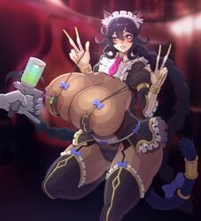 areolae big_breasts big_thighs breasts busty cat_ears cat_tail double_v female female_to_futa futanari_transformation gigantic_breasts huge_breasts huge_thighs large_breasts last_origin lycra_(artist) massive_breasts poi_(last_origin) pubic_hair thick_thighs thighs