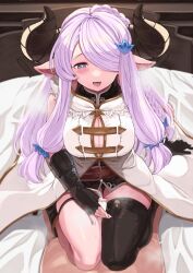 1boy :d asai_makoto asymmetrical_gloves black_gloves black_thighhighs blank_censor blue_eyes blush braid breasts bursting_breasts butterfly_hair_ornament censored clothed_female_nude_male coat draph elbow_gloves fangs female fingerless_gloves gloves granblue_fantasy hair_ornament hair_over_one_eye heart heart-shaped_pupils highres horns indoors large_breasts long_hair narmaya_(granblue_fantasy) nude on_bed open_mouth penis pink_hair pointy_ears single_fingerless_glove single_thighhigh sitting sitting_on_person sleeveless_coat smile straight sweat symbol-shaped_pupils thigh_sex thighhighs uneven_gloves wariza white_coat