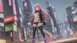 720p ai_generated cat_ears cat_girl cat_tail catgirl cyberpunk green_eyes latex_panties latex_thighhighs panties pink_hair public public_nudity stable_diffusion techwear thighhighs topless wallpaper