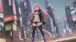 720p ai_generated cat_ears cat_girl cat_tail catgirl cyberpunk green_eyes latex latex_panties latex_thighhighs panties pink_hair public stable_diffusion string_bra techwear thighhighs wallpaper