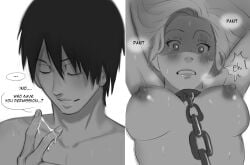 1boy 1girls absurdres black_hair blonde_hair blush bondage boruto:_naruto_next_generations bound breasts chains collar collarbone couple cum cum_in_pussy ejaculation embarrassed female female_ejaculation highres human husband_and_wife indoors ino_yamanaka leash male medium_breasts monday_mint monochrome naruto naruto:_the_last naruto_(series) nipples nude penis pubic_hair sai slave squatting straight toned toned_male vaginal_penetration veins veiny_penis wide_hips