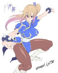 1girls big_breasts blonde_hair boots chimosaku chinese_text chun-li_(cosplay) cosplay crossover_cosplay english_text female female_only fully_clothed kawakami_mai leggings mole_under_eye musaigen_no_phantom_world ponytail purple_eyes ribbon_in_hair side_ponytail solo spiked_bracelets street_fighter text