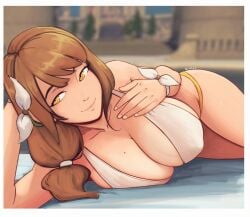 1girls absurdres alternate_costume bikini breast_focus breasts brown_hair cleavage covered_nipples female female_only fire_emblem fire_emblem_engage goldmary_(fire_emblem) hair_ribbon highres large_breasts long_hair looking_at_viewer lying mole mole_on_breast nintendo on_back on_side raichiyo33 ribbon seductive_smile smile swimsuit two-tone_bikini white_bikini white_ribbon white_swimsuit yellow_bikini yellow_swimsuit