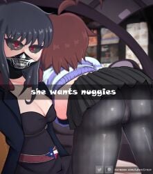 2girls alyssa(lewdsyrup) april(tearofpain) ass ass_focus ass_up blue_hair blush breasts brown_hair car cleavage clothed clothing couple detailed_background hd he_wants_to_order hi_res highres leggings legwear lewdsyrup mask meme menu multiple_girls no_bra no_panties original_character original_characters panties panties_under_pantyhose public red_eyes she_wants_to_order skirt skirt_lift snapchat sweater underboob upskirt watermark yuri