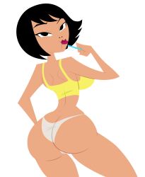 1girls accurate_art_style adult_swim ashi_(samurai_jack) asian ass ass_cleavage back_view bob_cut bra brushing_teeth butt butt_crack cartoon_network crop_top daughters_of_aku female female_only grimphantom no_outlines panties partially_clothed rear_view samurai_jack sideboob solo solo_female tank_top toonami toothbrush white_background white_panties