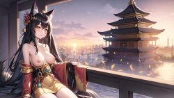 1080p 1girls ahri ai_generated black_hair breasts fox_girl highres kimono league_of_legends navel nipples self_upload shrine sitting stable_diffusion sunset wallpaper yellow_eyes zat3rj3en