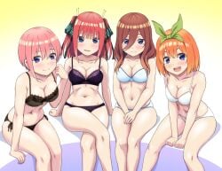 4girls :d bangs between_legs black_bra black_panties black_ribbon blue_bra blue_eyes blue_panties bow bow_panties bra breasts brown_hair butterfly_hair_ornament collarbone commentary commission crossed_legs go-toubun_no_hanayome green_hairband hair_between_eyes hair_ornament hair_ribbon hairband hand_between_legs large_breasts long_hair looking_at_viewer multiple_girls nakano_ichika nakano_miku nakano_nino nakano_yotsuba navel open_mouth orange_hair panties pink_hair purple_bra purple_panties quadruplets ribbon short_hair siblings side-tie_panties simple_background sisters sitting skeb_commission smile two_side_up underwear underwear_only vierosky white_bra white_panties