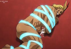 1boy all_might bara bondage bound ef_drawings leaking_cum male male_only my_hero_academia nude straps toshinori_yagi