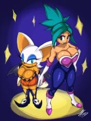 2021 2girls big_breasts breasts cerebella cerebella_(cosplay) clothing_swap crossover eastern_and_western_character outfit_swap rouge_the_bat rouge_the_bat_(cosplay) sega shoulderless_shirt shoulderless_topwear skullgirls sonic_(series) sonic_the_hedgehog_(series) standing thick_thighs zframe